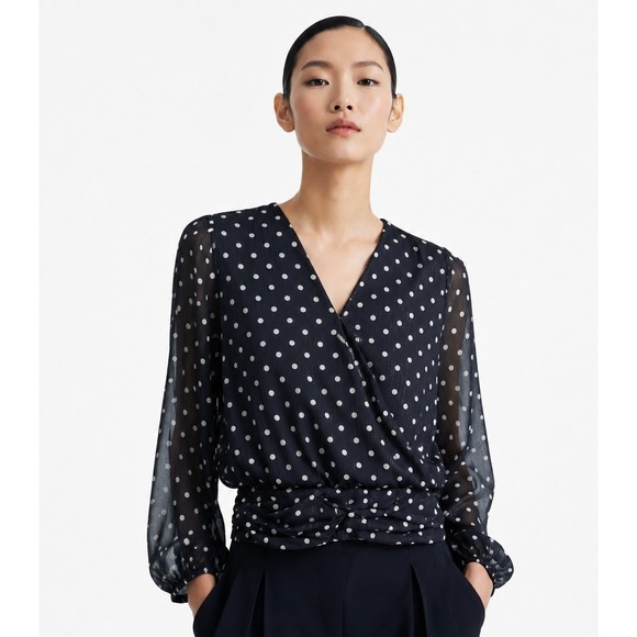 nine britton Tops - Nine Britton Inez Chiffon Smocked Bottom Blouse Navy Polka Dot Metallic SP NWT